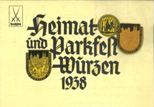 Festprogramm mit angehefteter Festplakette zum Heimat- und Parkfest Wurzen 1938<br (ISGV, AIfV/HWSa/K9)