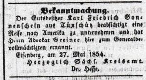 Bekanntmachung der Auswanderung von Sonnenschein im Herzoglich Sachsen-Anhaltinischen Amtsblatt, 30. Mai 1854.