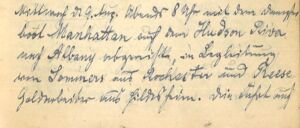 Eintrag aus dem Tagebuch von Carl Friedrich Sonnenschein vom 9.8.1854. Der Verfasser erwähnt hier eine Fahrt von New York den Hudson River hinauf (Schenkung Fam. Sonnenschein, LGA Projekt 109).