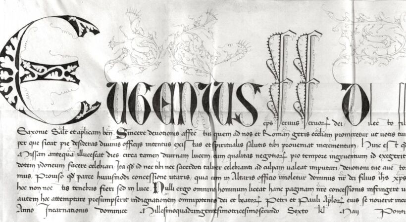 Name und Titel Papst Eugens IV. (regierte 1431–1447) in einer Urkunde für Herzog Sigismund von Sachsen