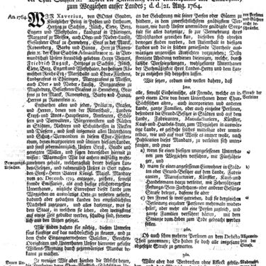 Mandat der sächsischen Landesregierung gegen die Abwerbung von „nützlichen Einwohnern dieser Lande“, 1764