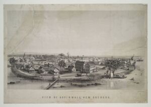 Ansicht von Aspinwall (heute Colón), Ausgangspunkt der Panama Railroad (Lithographie v. Charles Parsons, 1855. New York Public Library Digital Collections).
