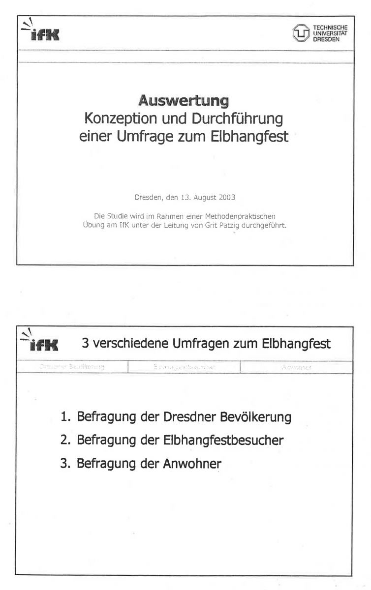 Auswertung einer Umfrage zum Elbhangfest, 2003. Studie/Methodenpraktische Übung unter Leitung von Grit Patzig  Institut für Kommunikationswissenschaften/TU-Dresden